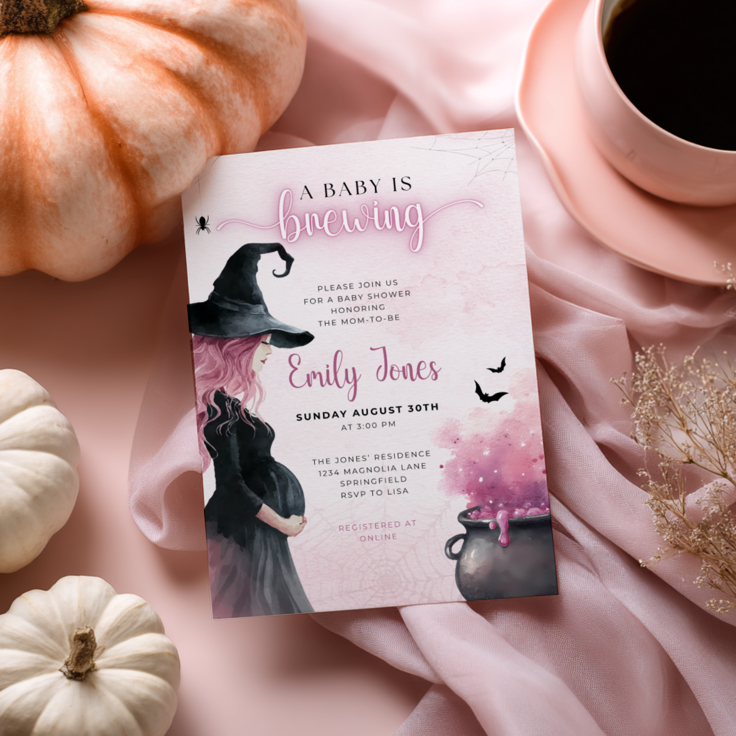 Baby Shower Invitation - Pink Halloween Witch A Baby is Brewing BS200