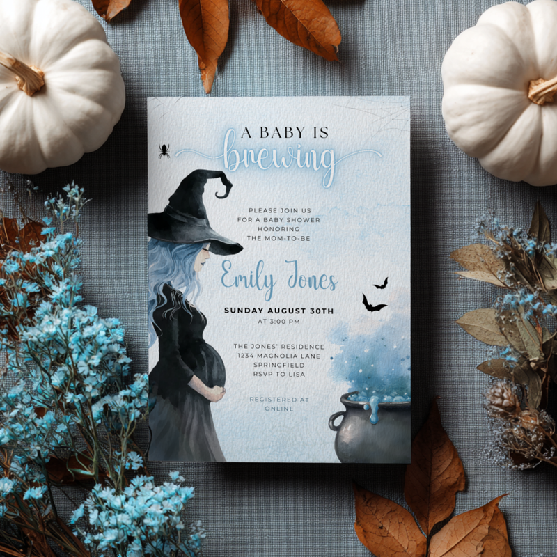 Baby Shower Invitation Bundle - A Baby Is Brewing Halloween Witch Blue BS200