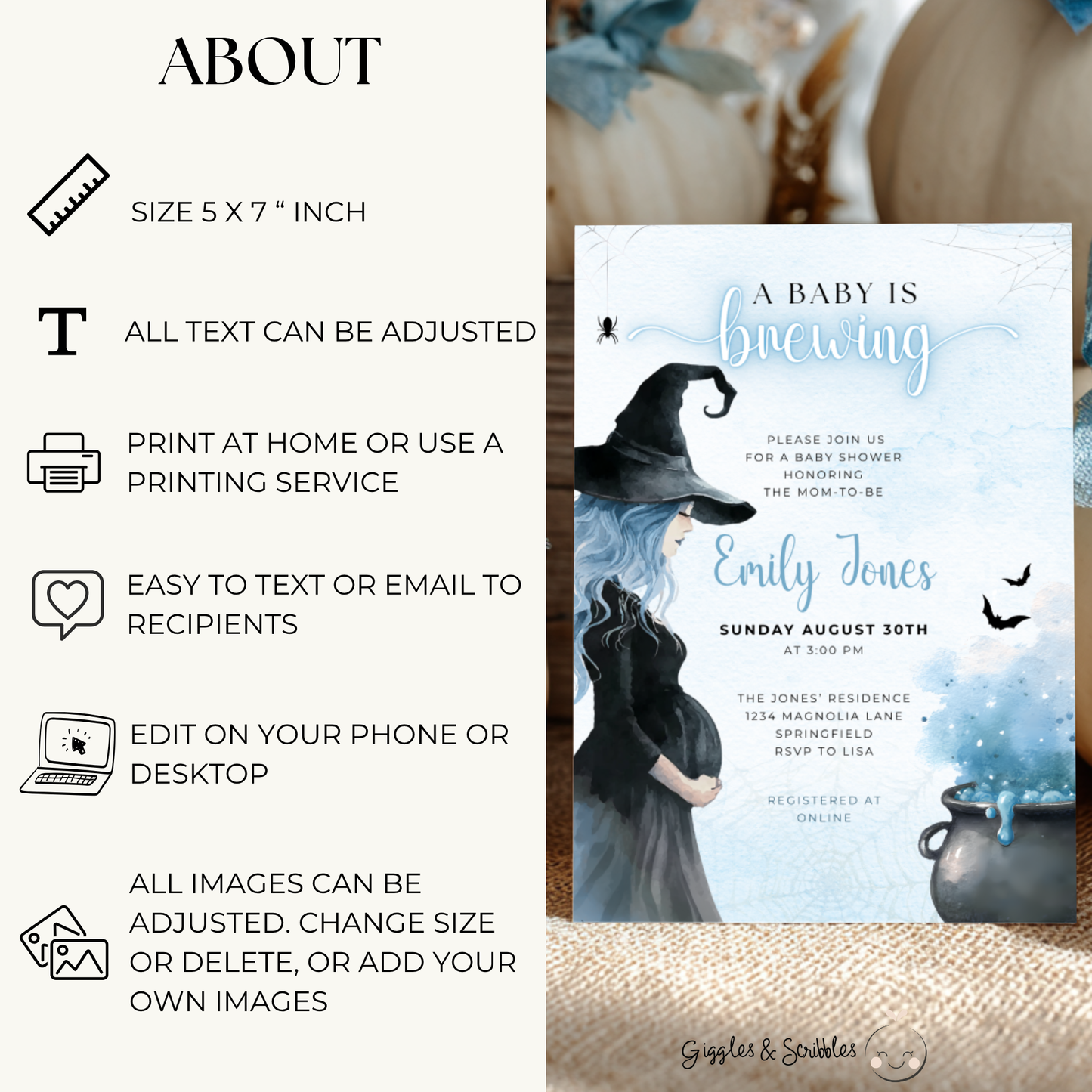 Baby Shower Invitation - Blue Halloween A Baby Is Brewing BS200