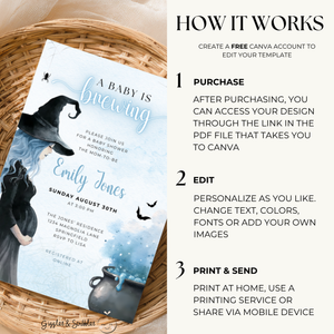 Baby Shower Invitation Bundle - A Baby Is Brewing Halloween Witch Blue BS200