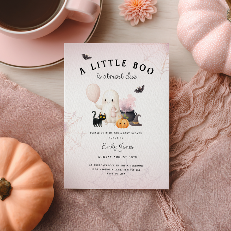 Baby Shower Invitation - A Little Boo is Almost Due Pink Halloween BS190
