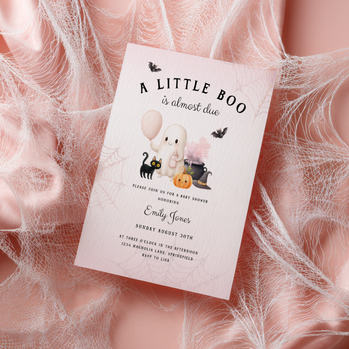 Baby Shower Invitation - A Little Boo is Almost Due Pink Halloween BS190