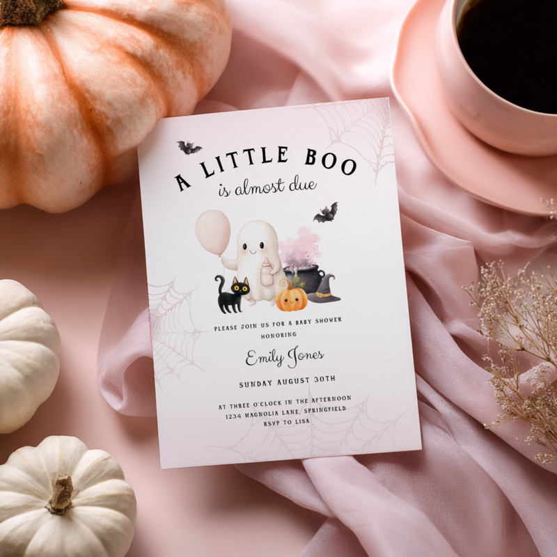 Baby Shower Invitation - A Little Boo is Almost Due Pink Halloween BS190