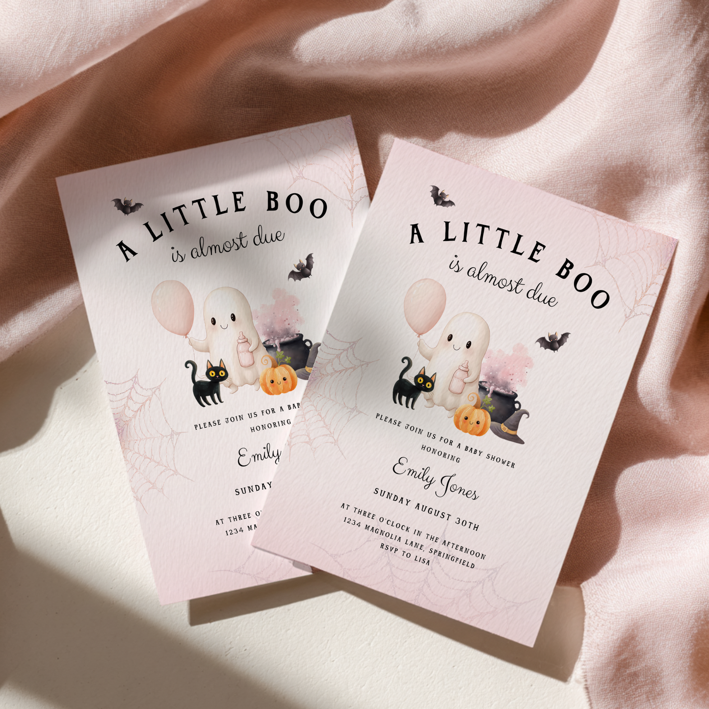 Baby Shower Invitation - A Little Boo is Almost Due Pink Halloween BS190