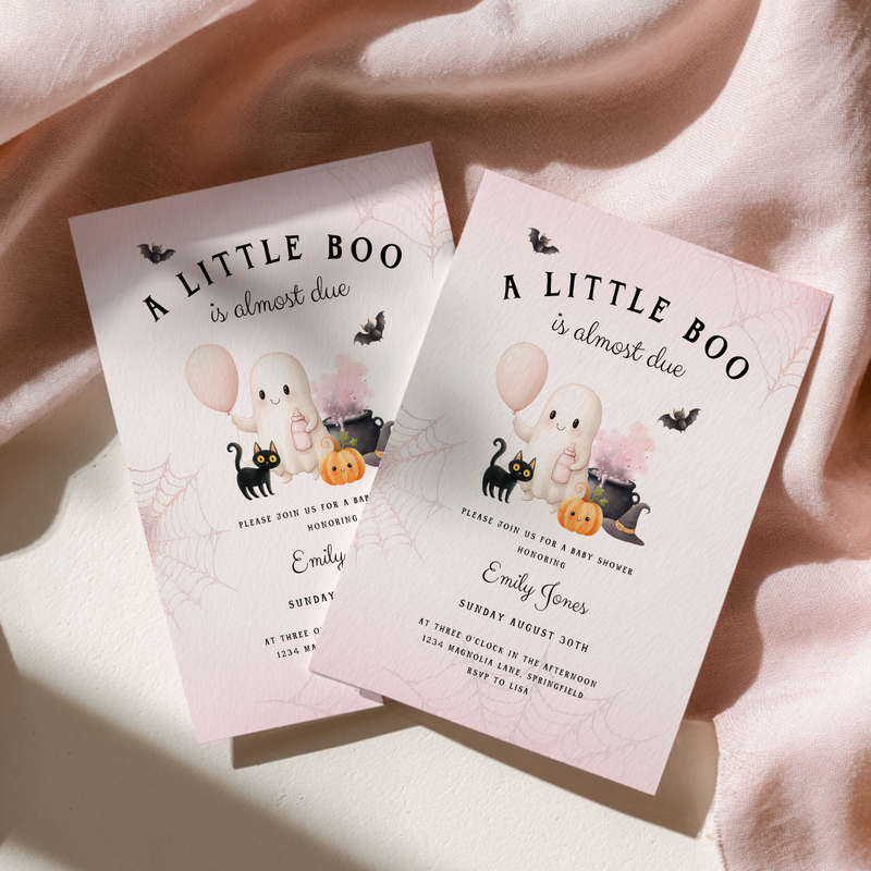 Baby Shower Invitation - A Little Boo is Almost Due Pink Halloween BS190