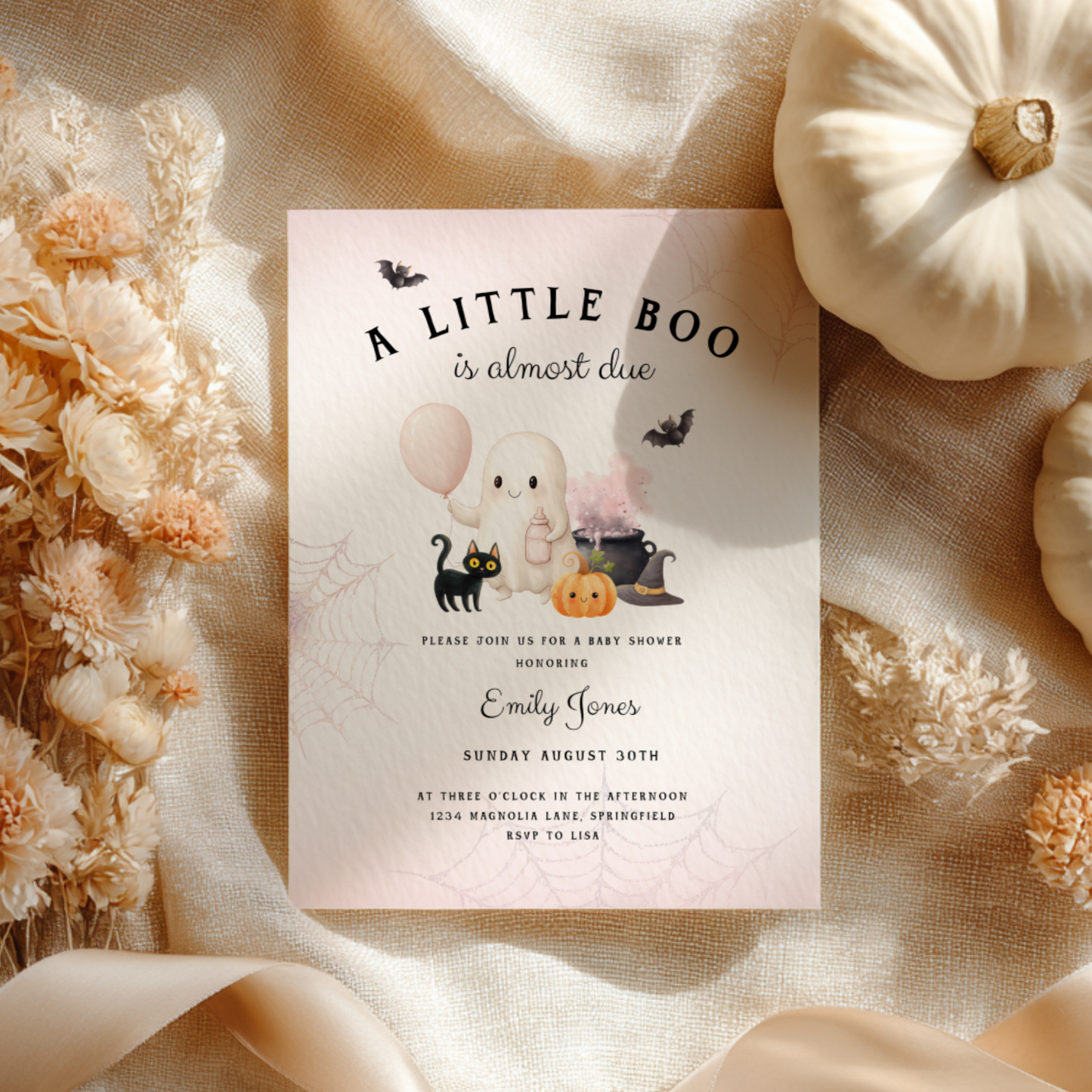 Baby Shower Invitation - A Little Boo is Almost Due Pink Halloween BS190