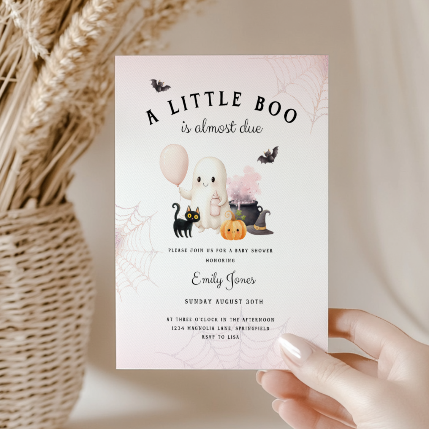 Baby Shower Invitation - A Little Boo is Almost Due Pink Halloween BS190