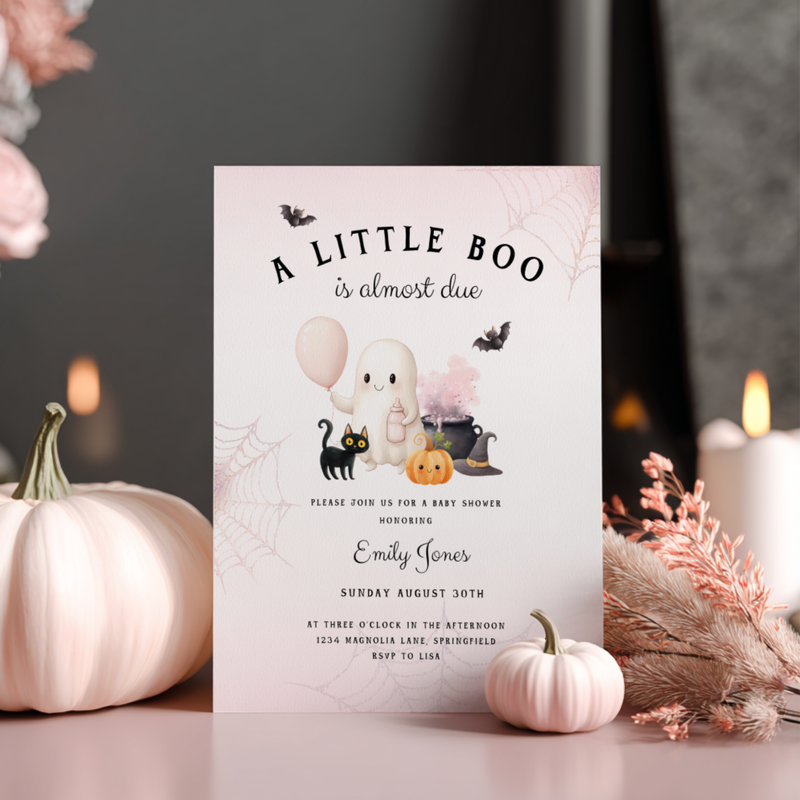 Baby Shower Invitation - A Little Boo is Almost Due Pink Halloween BS190