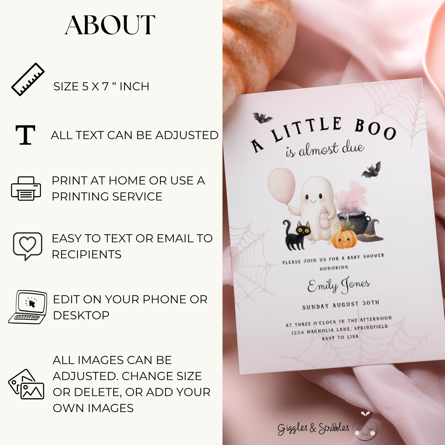 Baby Shower Invitation - A Little Boo is Almost Due Pink Halloween BS190