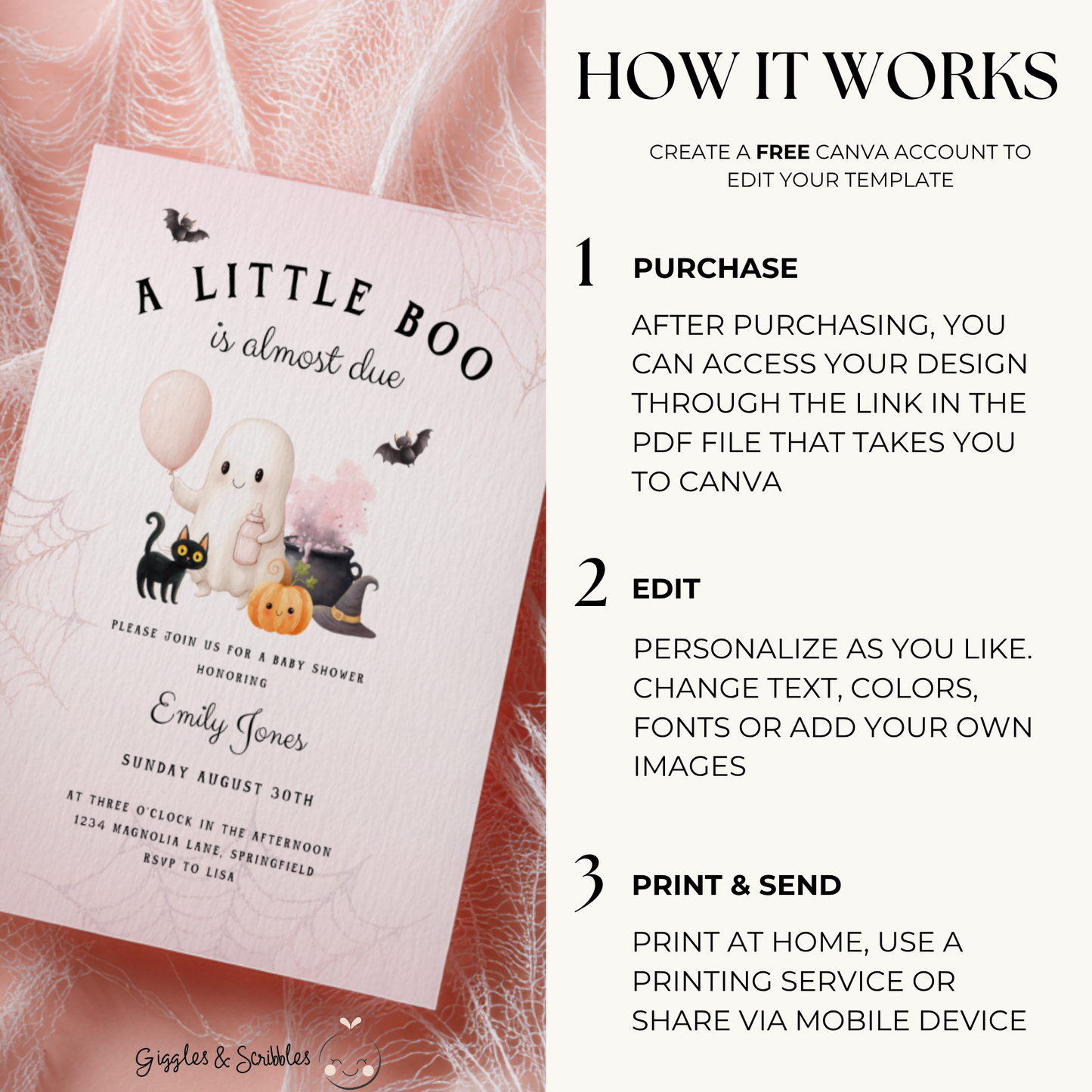 Baby Shower Invitation - A Little Boo is Almost Due Pink Halloween BS190