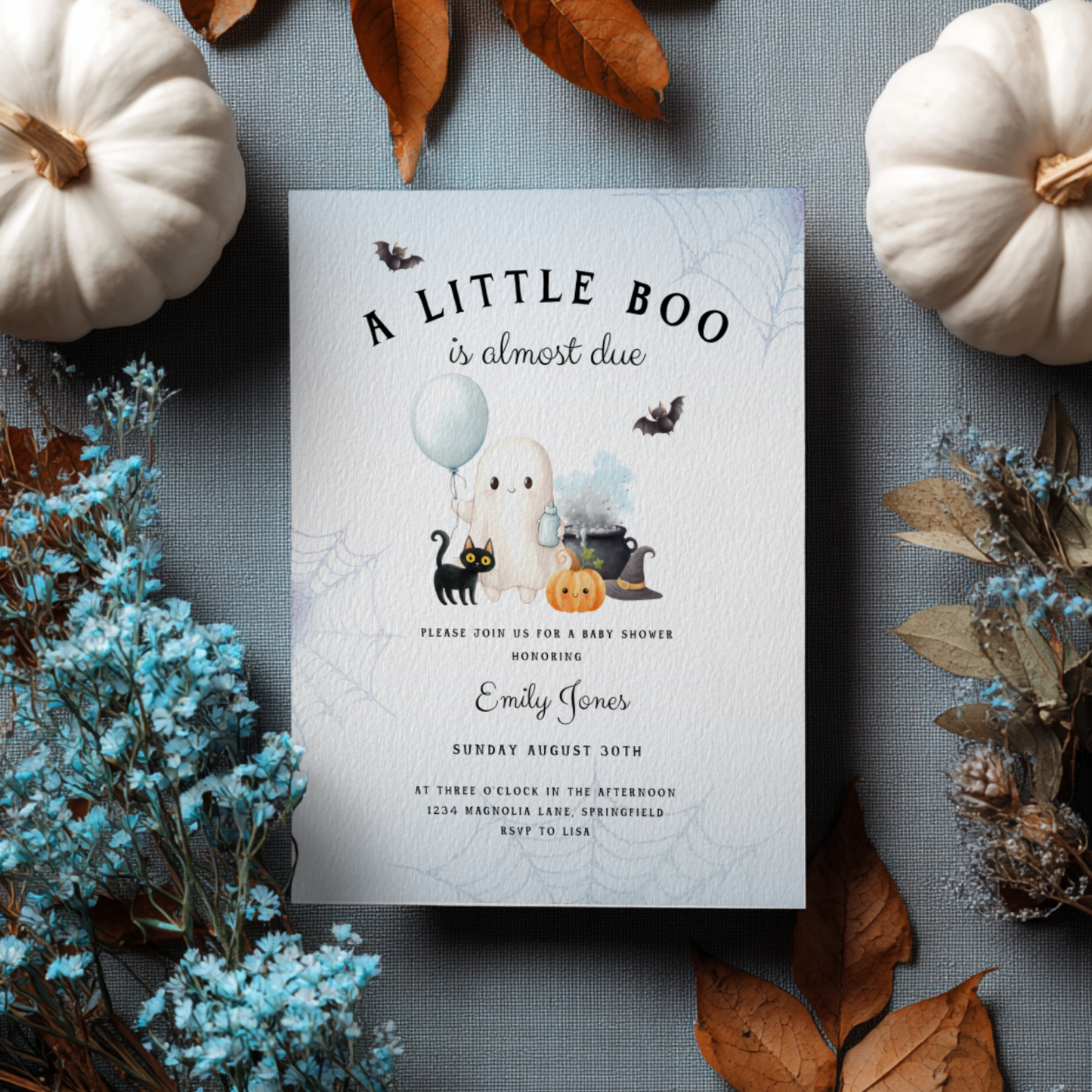 Baby Shower Invitation - Little Boo Is Almost Due Blue Halloween Baby Ghost BS190