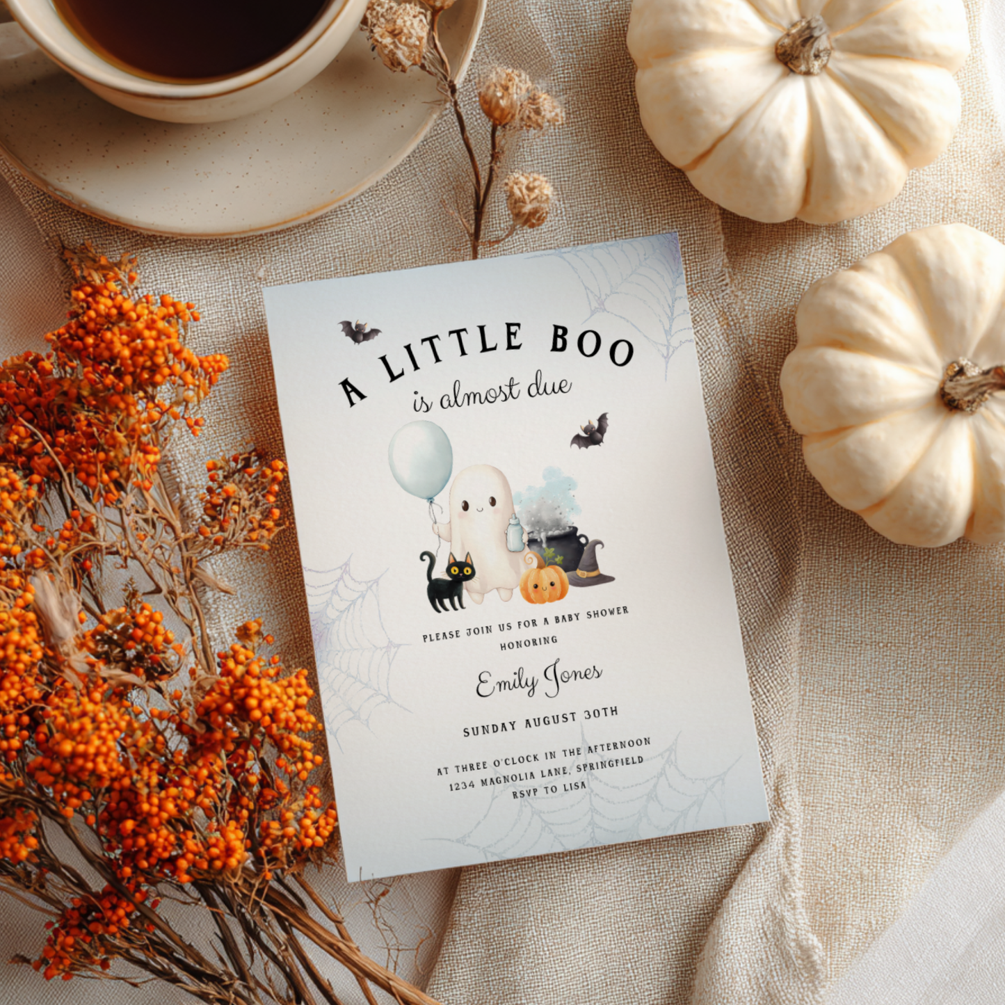 Baby Shower Invitation - Little Boo Is Almost Due Blue Halloween Baby Ghost BS190