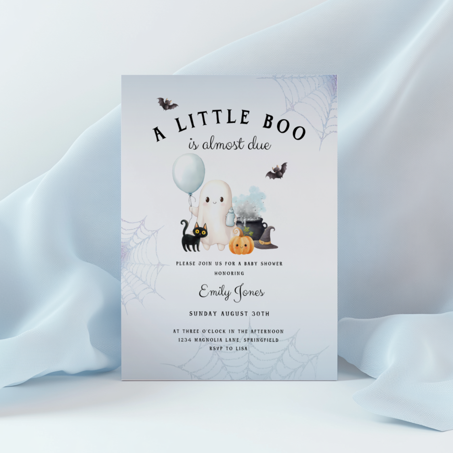 Baby Shower Invitation - Little Boo Is Almost Due Blue Halloween Baby Ghost BS190