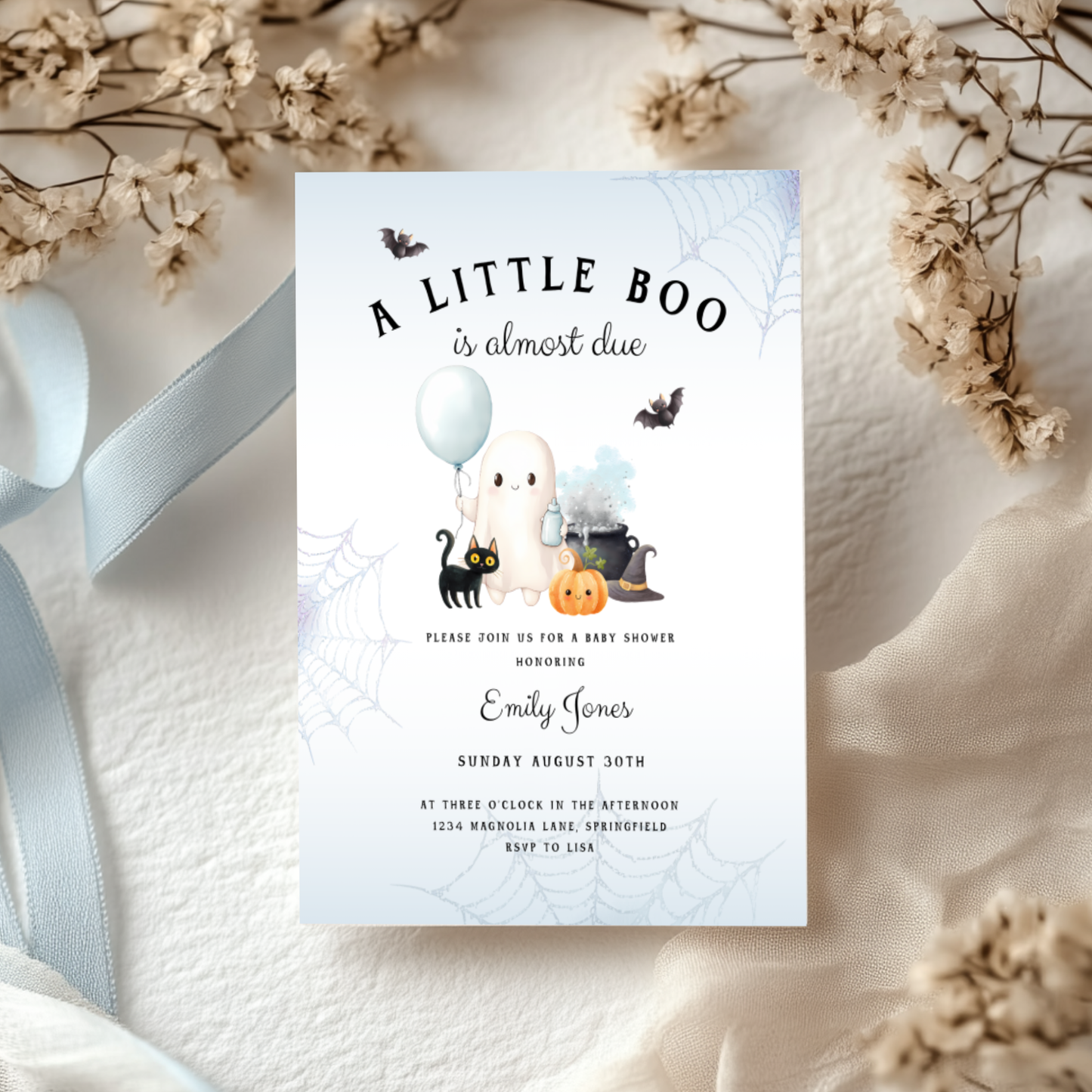 Baby Shower Invitation - Little Boo Is Almost Due Blue Halloween Baby Ghost BS190