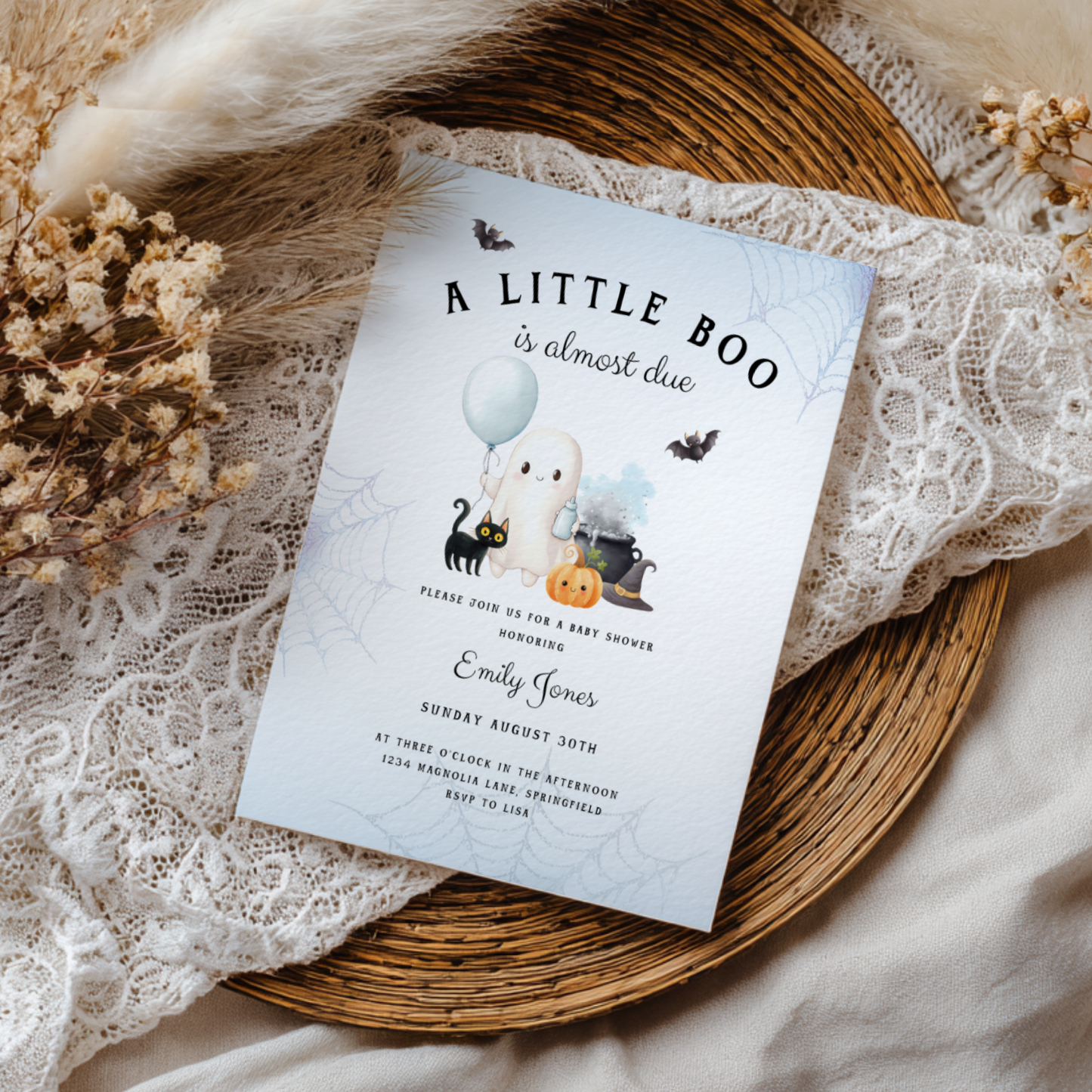 Baby Shower Invitation - Little Boo Is Almost Due Blue Halloween Baby Ghost BS190