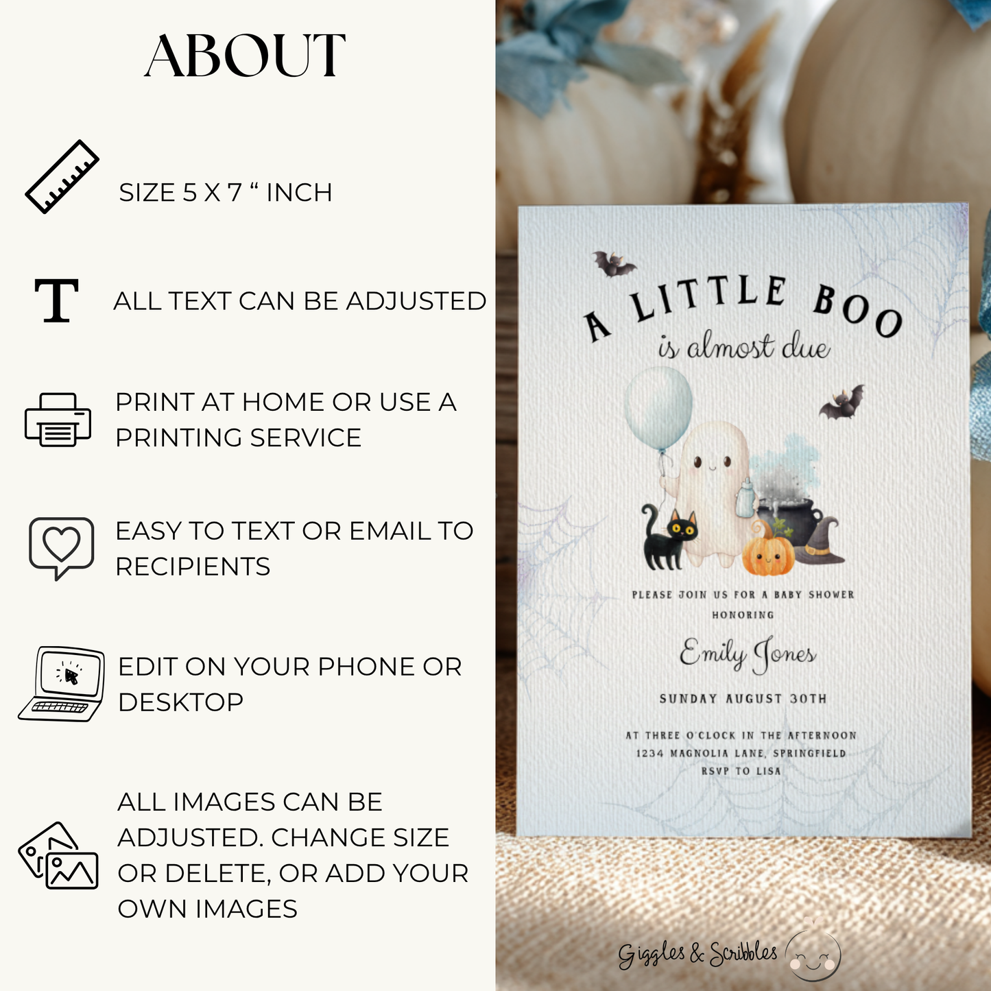 Baby Shower Invitation - Little Boo Is Almost Due Blue Halloween Baby Ghost BS190