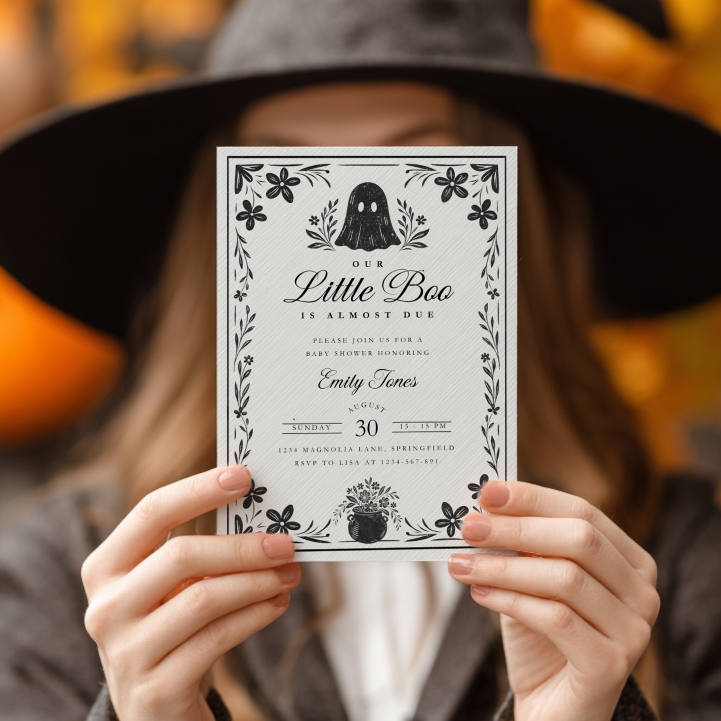Baby Shower Invitation - A Little Boo Is Almost Due Vintage Floral Gothic Template BS219