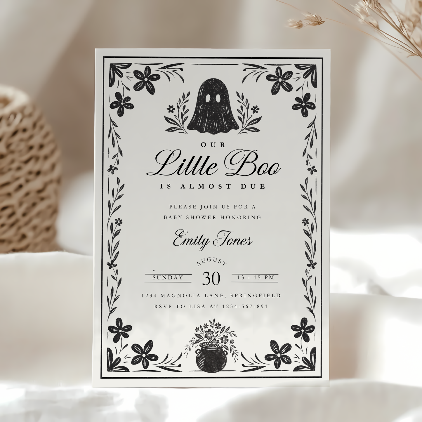 Baby Shower Invitation - A Little Boo Is Almost Due Vintage Floral Gothic Template BS219