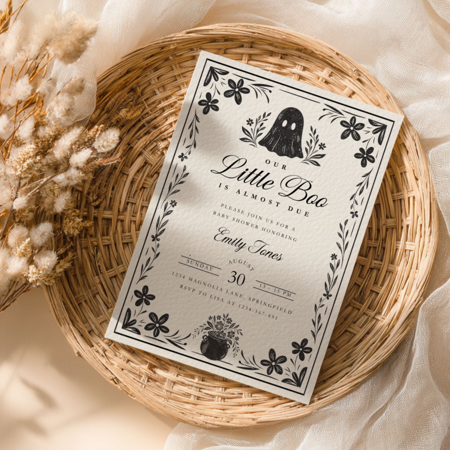Baby Shower Invitation - A Little Boo Is Almost Due Vintage Floral Gothic Template BS219