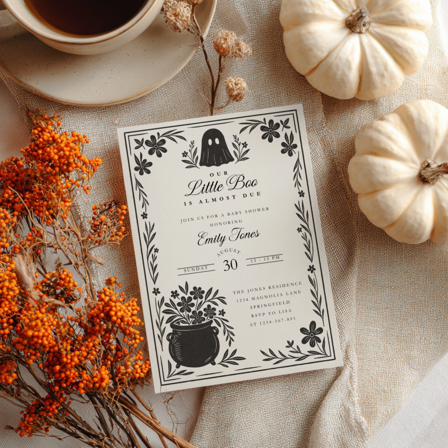 Baby Shower Invitation - A Little Boo Is Almost Due Vintage Floral Gothic Template BS219