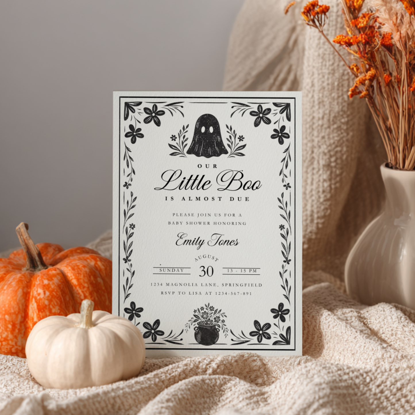 Baby Shower Invitation - A Little Boo Is Almost Due Vintage Floral Gothic Template BS219