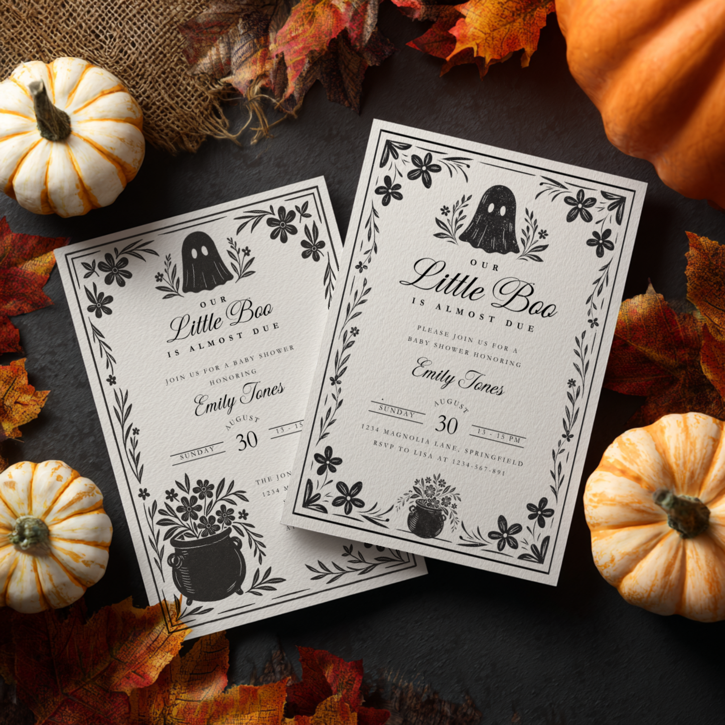 Baby Shower Invitation - A Little Boo Is Almost Due Vintage Floral Gothic Template BS219