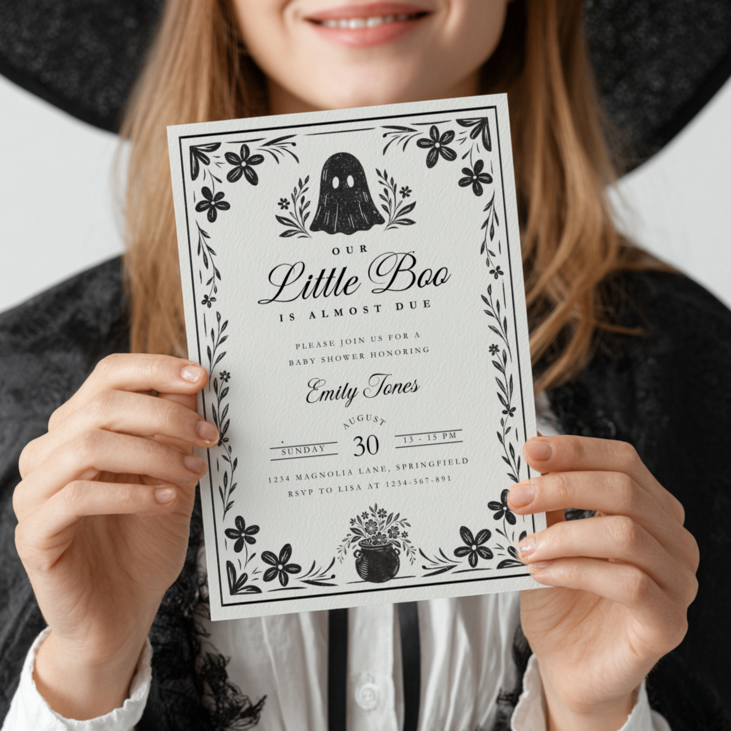 Baby Shower Invitation - A Little Boo Is Almost Due Vintage Floral Gothic Template BS219
