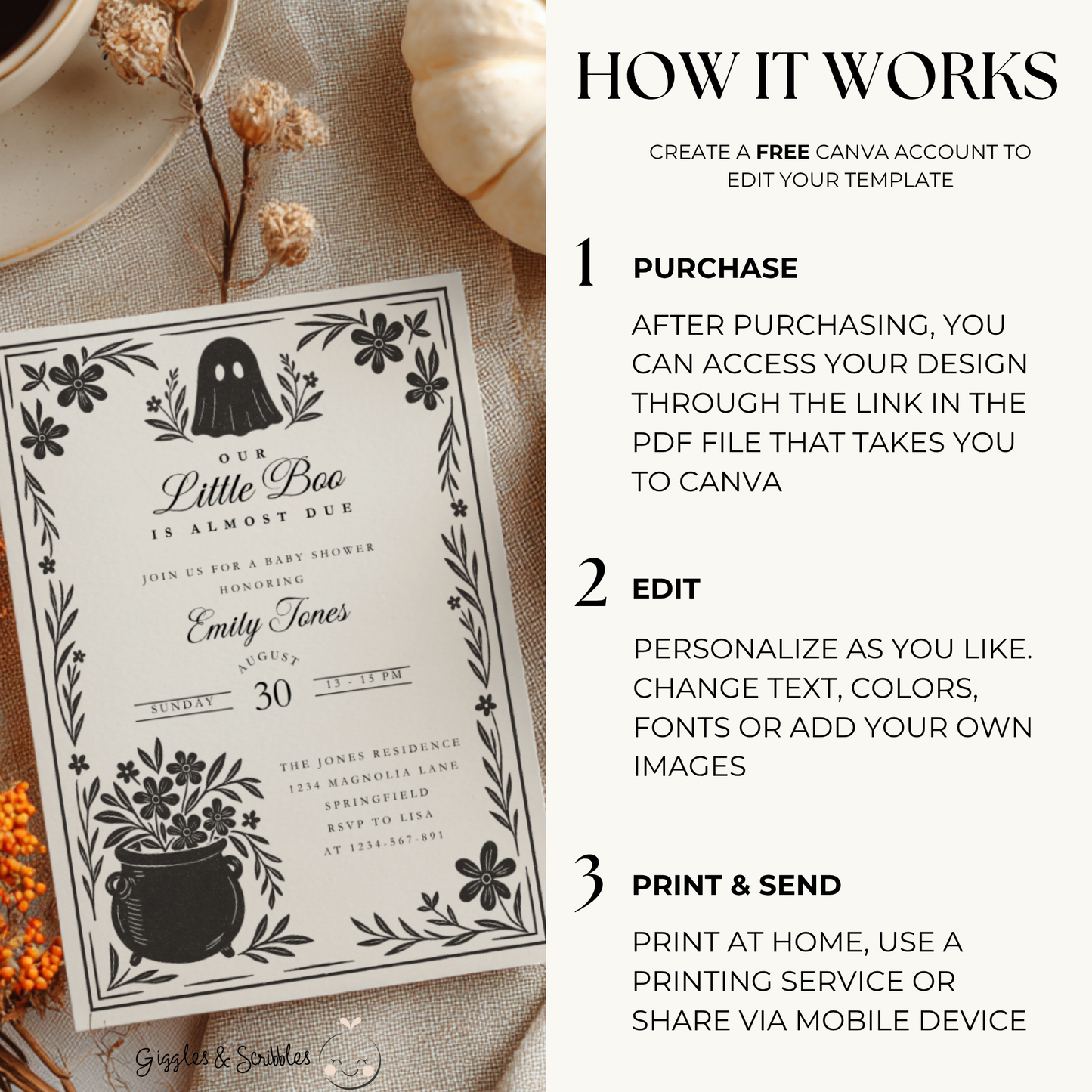 Baby Shower Invitation - A Little Boo Is Almost Due Vintage Floral Gothic Template BS219