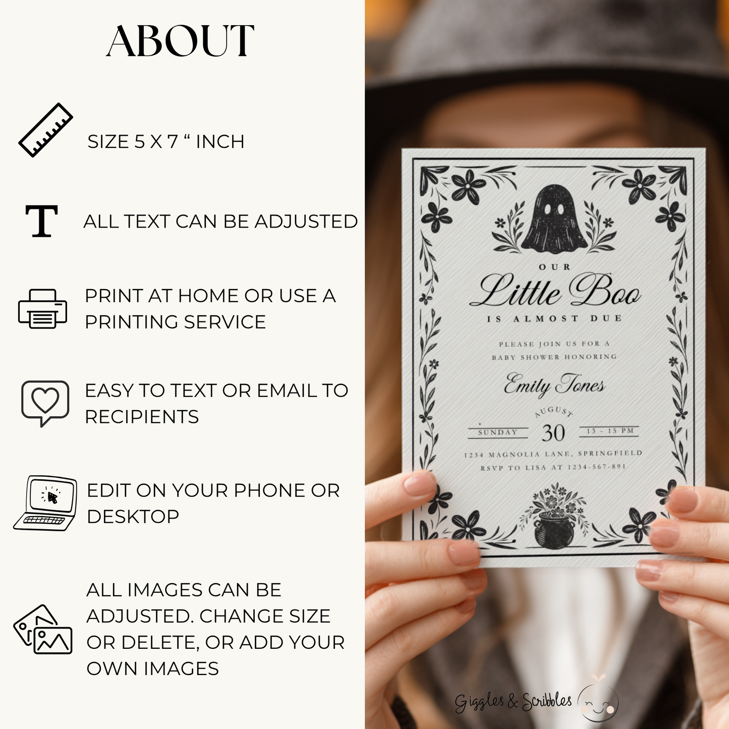 Baby Shower Invitation - A Little Boo Is Almost Due Vintage Floral Gothic Template BS219