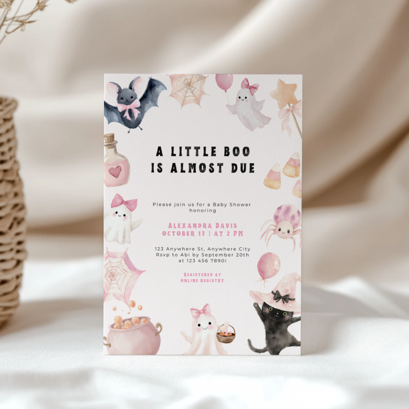 A Little Boo Is Almost Due Baby Shower Invitation Girl L43