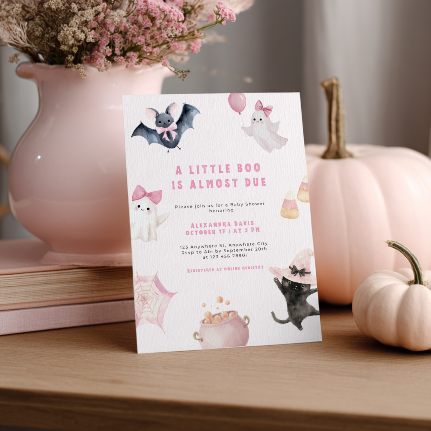 A Little Boo Is Almost Due Baby Shower Invitation Pink L44