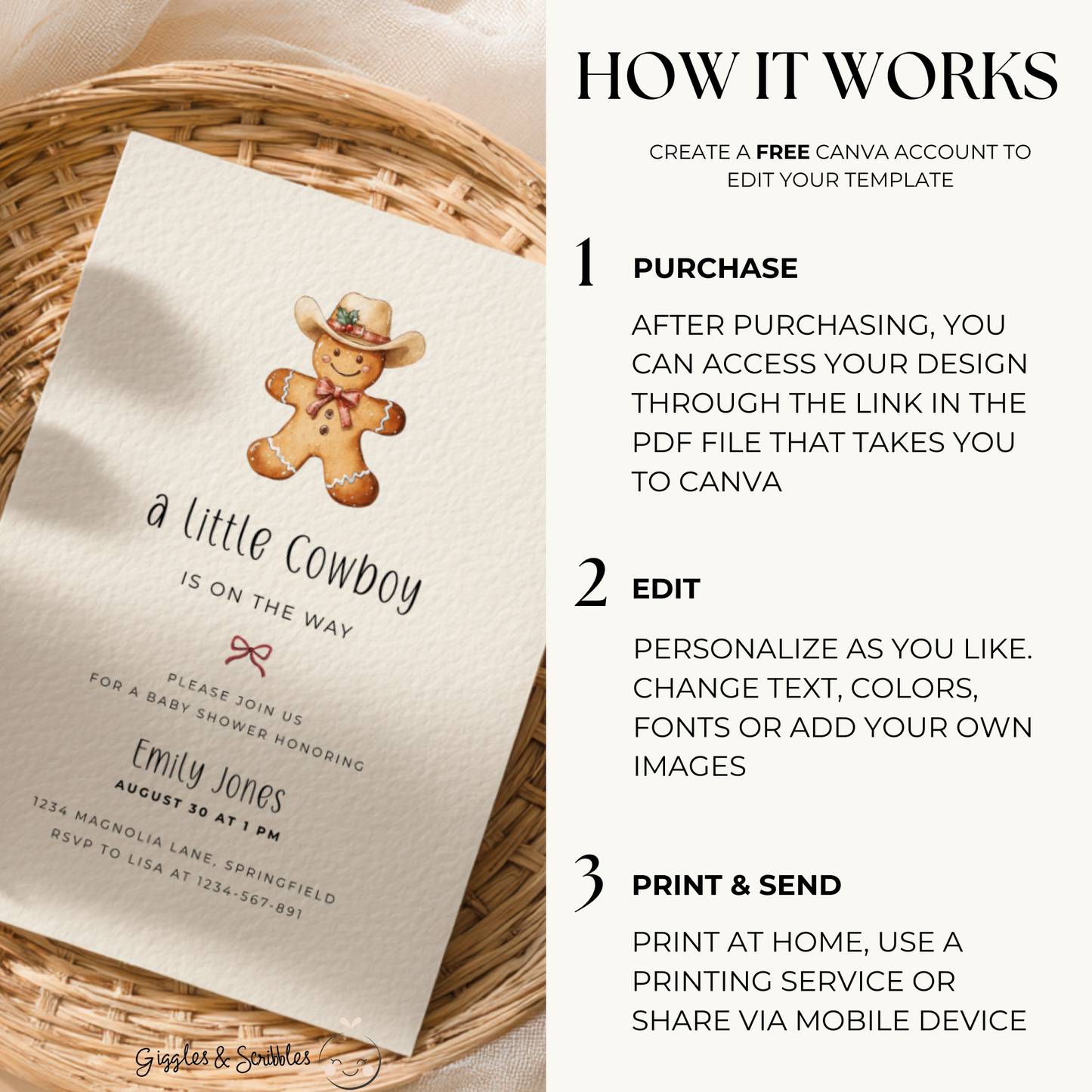 Baby Shower Invitation - Little Cowboy Gingerbread Cookie BS246