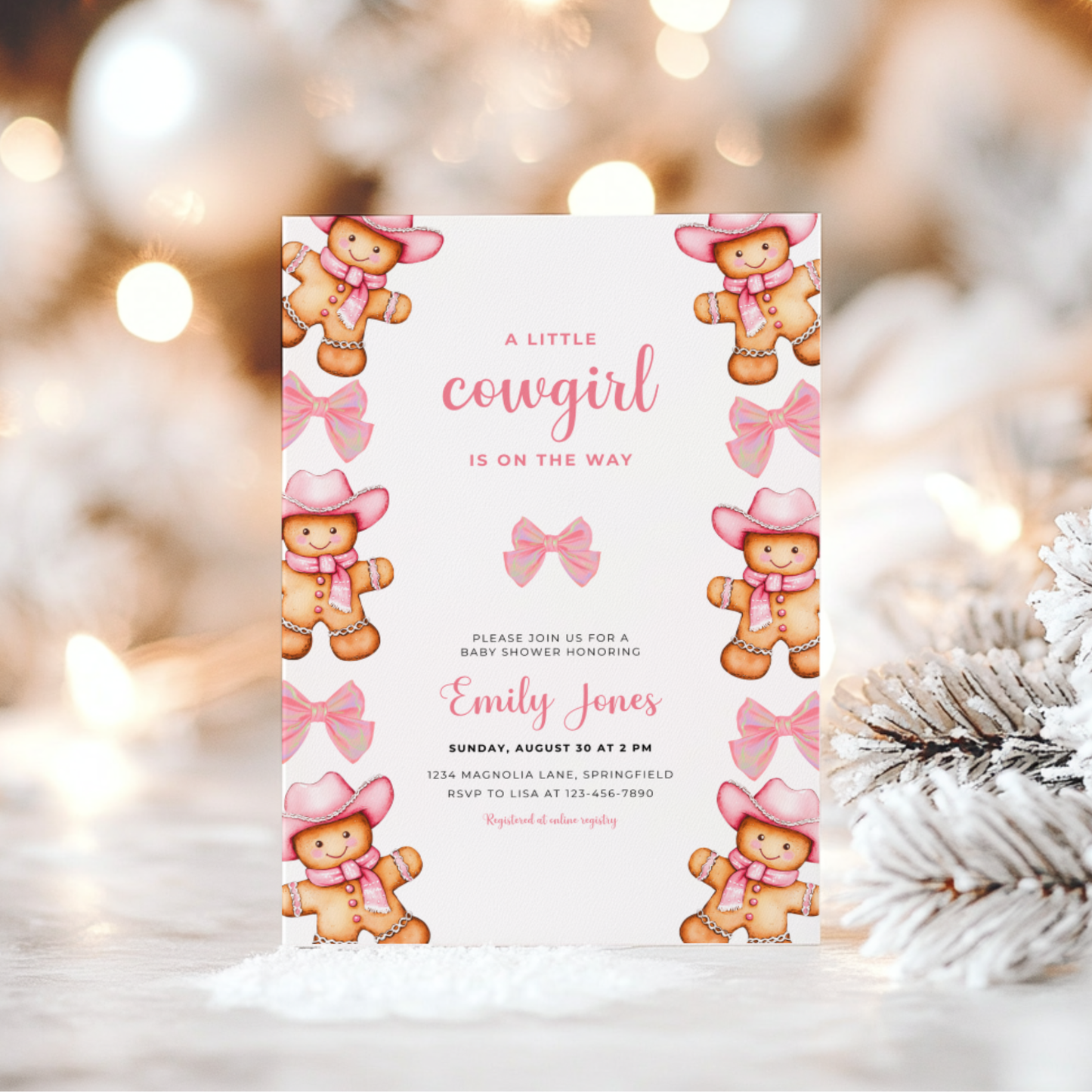 Baby Shower Invitation - Pink Cowgirl Gingerbread Cookie and Bows BS247