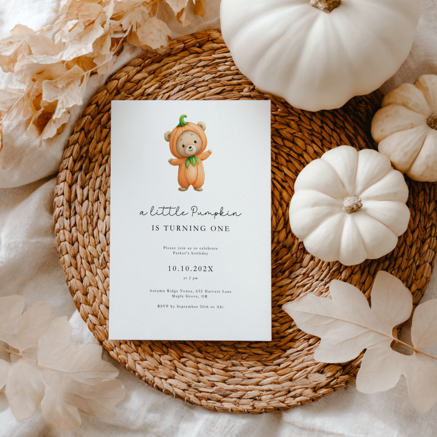 Cute Pumpkin Bear Birthday Invitation Template L18