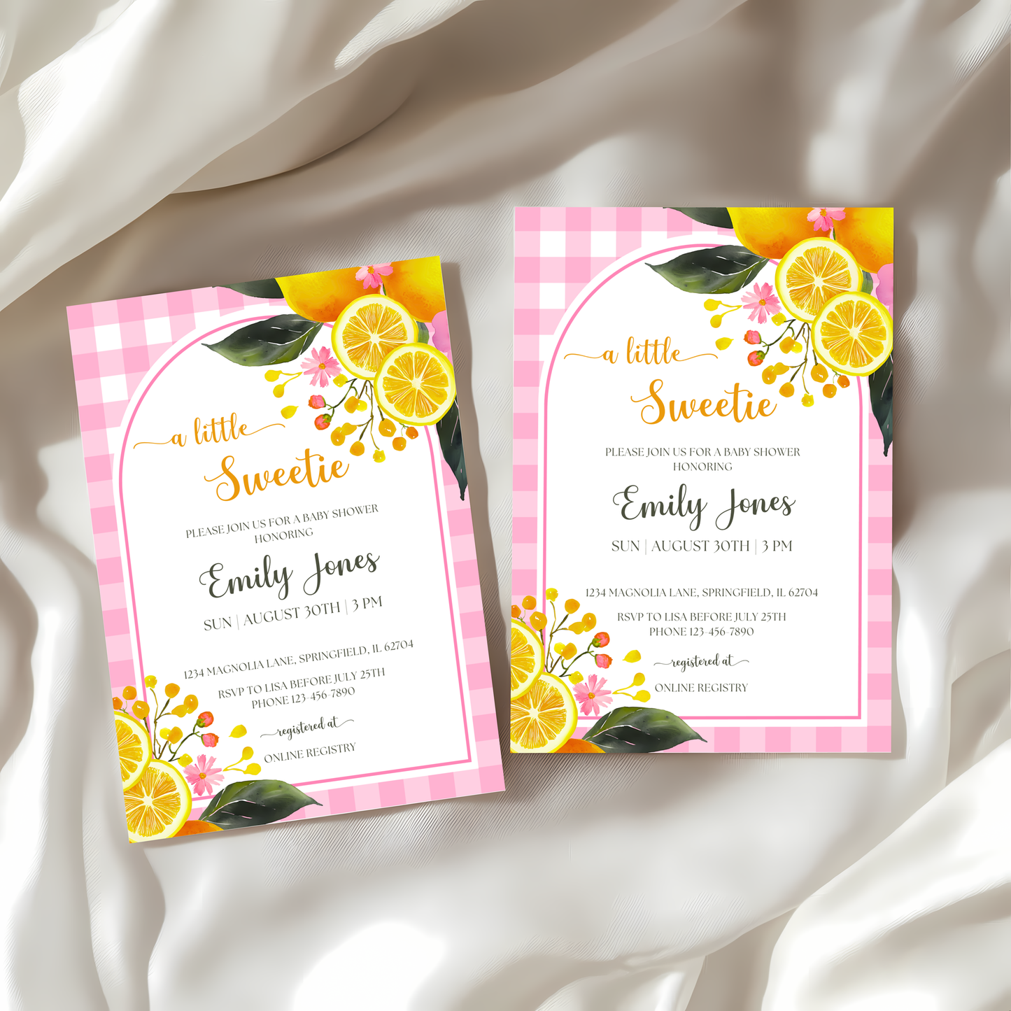 Baby Shower Invitation - Lemon Pink Gingham BS116