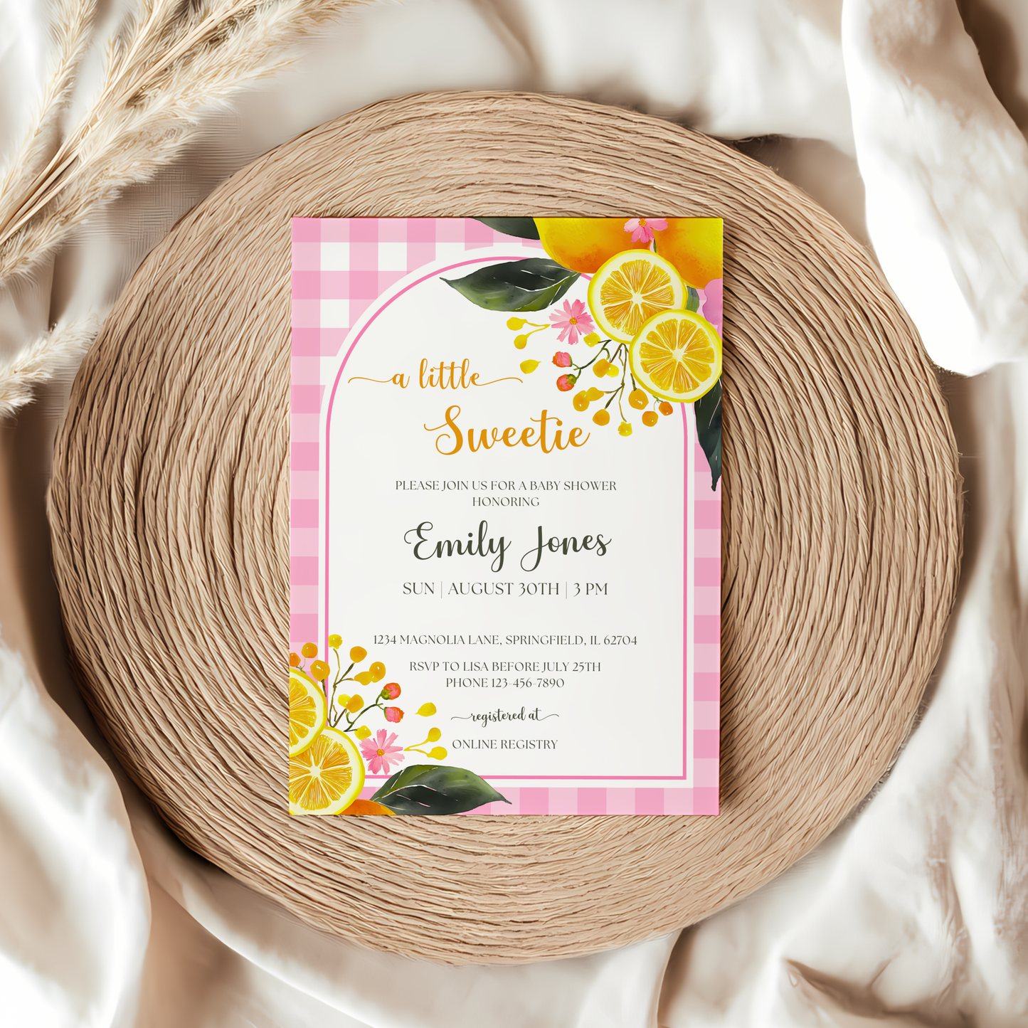 Baby Shower Invitation - Lemon Pink Gingham BS116