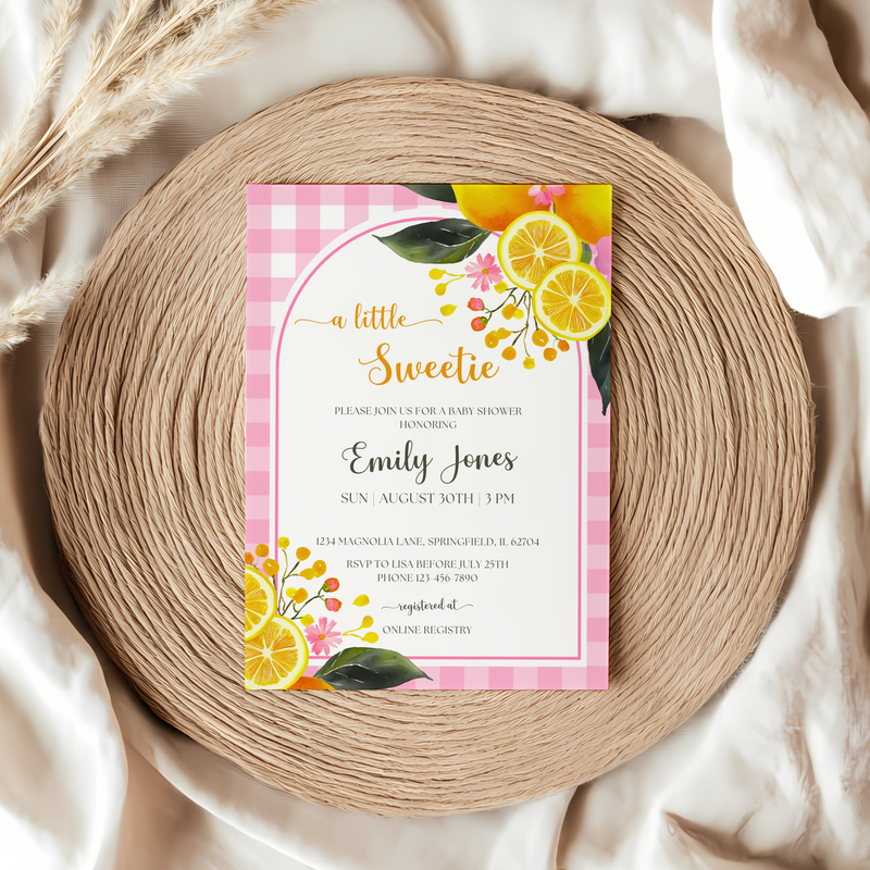 Baby Shower Invitation - Lemon Pink Gingham BS116
