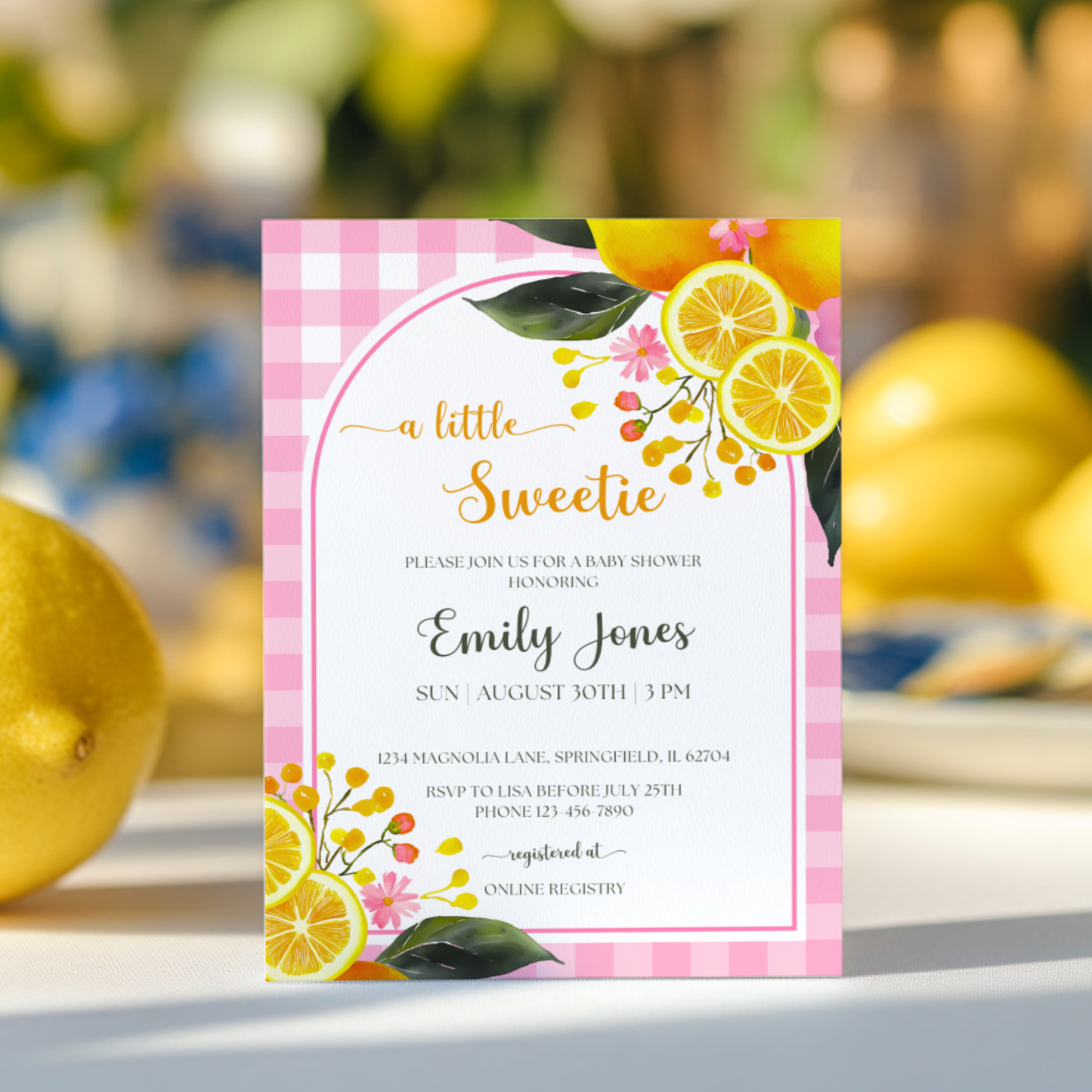 Baby Shower Invitation - Lemon Pink Gingham BS116