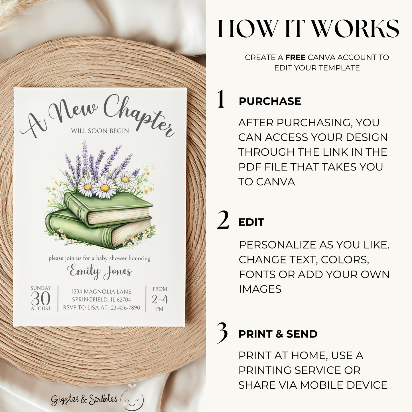 Baby Shower Invitation - A New Chapter Storybook Library Theme Green with Wildflowers BS73