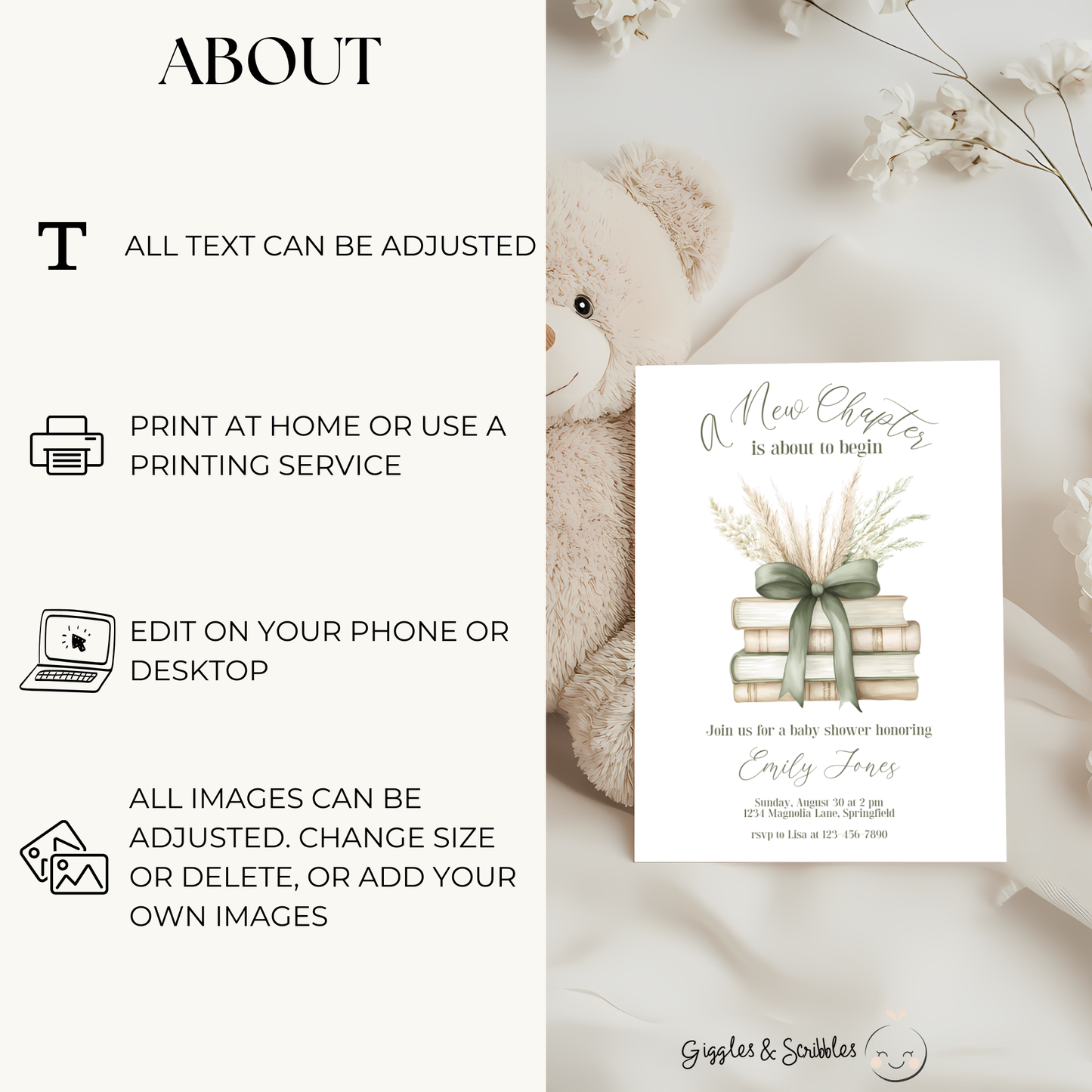 Baby Shower Invitation Bundle - A New Chapter Storybook Beige Green with Bow BS72