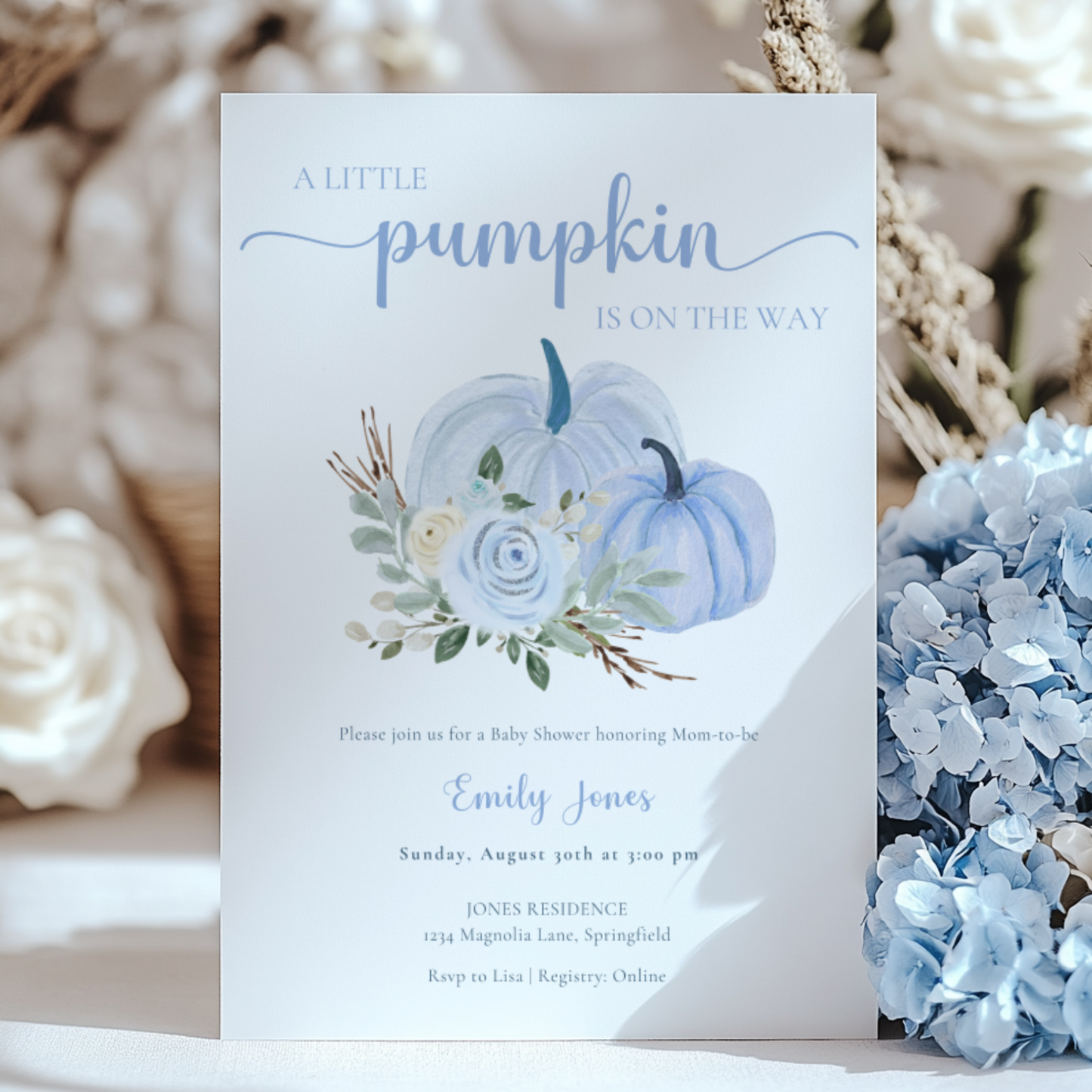Baby Shower Invitation - Little Pumpkin is On The Way Dusty Blue Floral Fall BS179