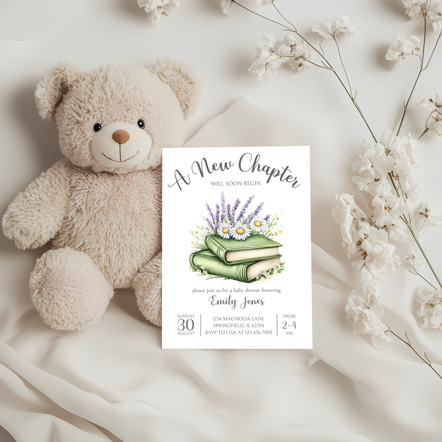 Baby Shower Invitation - A New Chapter Storybook Library Theme Green with Wildflowers BS73