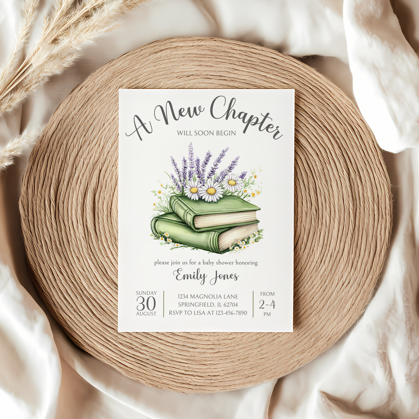 Baby Shower Invitation - A New Chapter Storybook Library Theme Green with Wildflowers BS73
