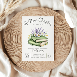 Baby Shower Invitation - A New Chapter Storybook Library Theme Green with Wildflowers BS73