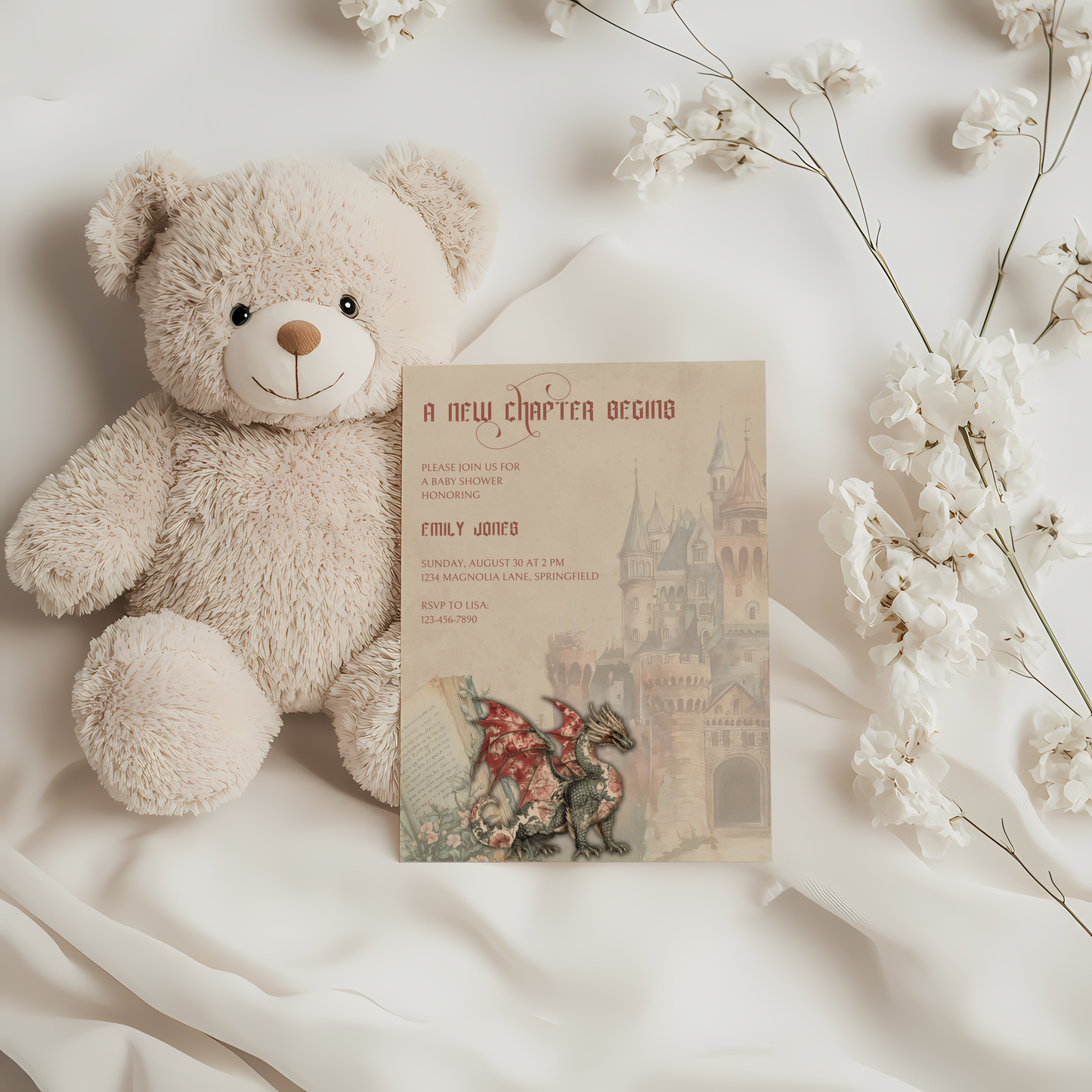 Baby Shower Invitation - A New Chapter Begins Vintage Storybook Dragon Fantasy Fairytale BS70