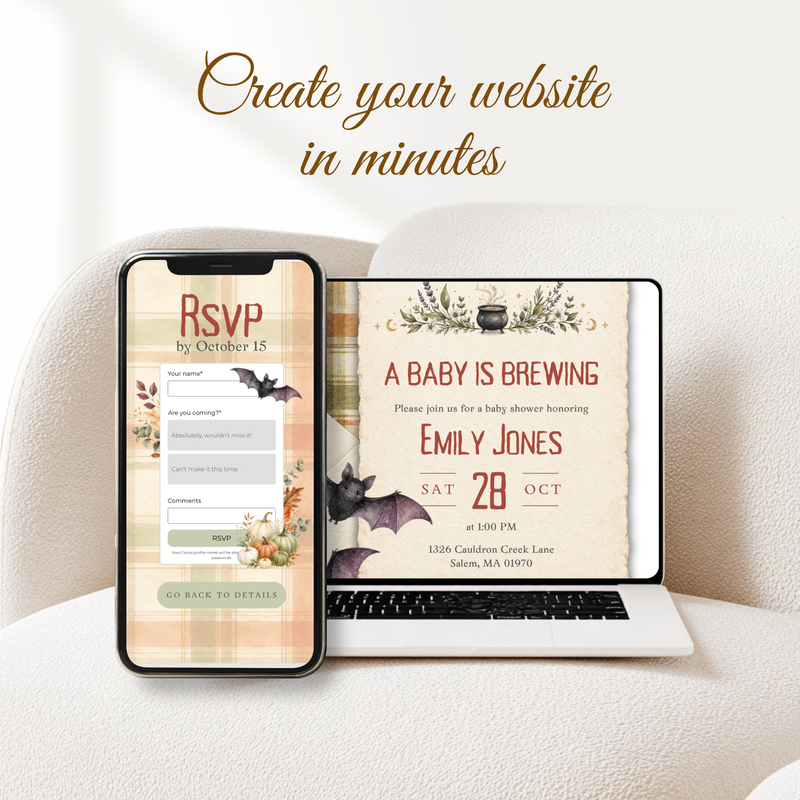 A Baby Is Brewing Halloween Baby Shower Website Invitation with RSVP BS317