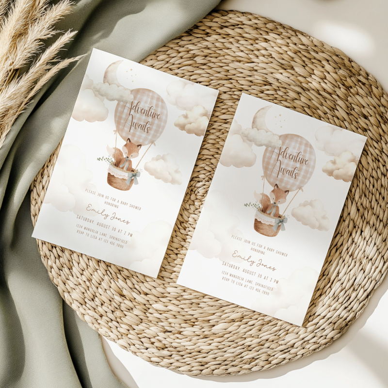 Hot Air Balloon Baby Shower Invitation with Woodland Fox BS272