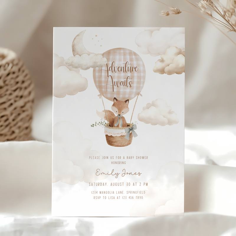 Hot Air Balloon Baby Shower Invitation with Woodland Fox BS272