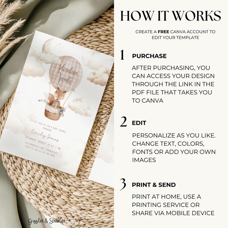 Hot Air Balloon Baby Shower Invitation with Woodland Fox BS272