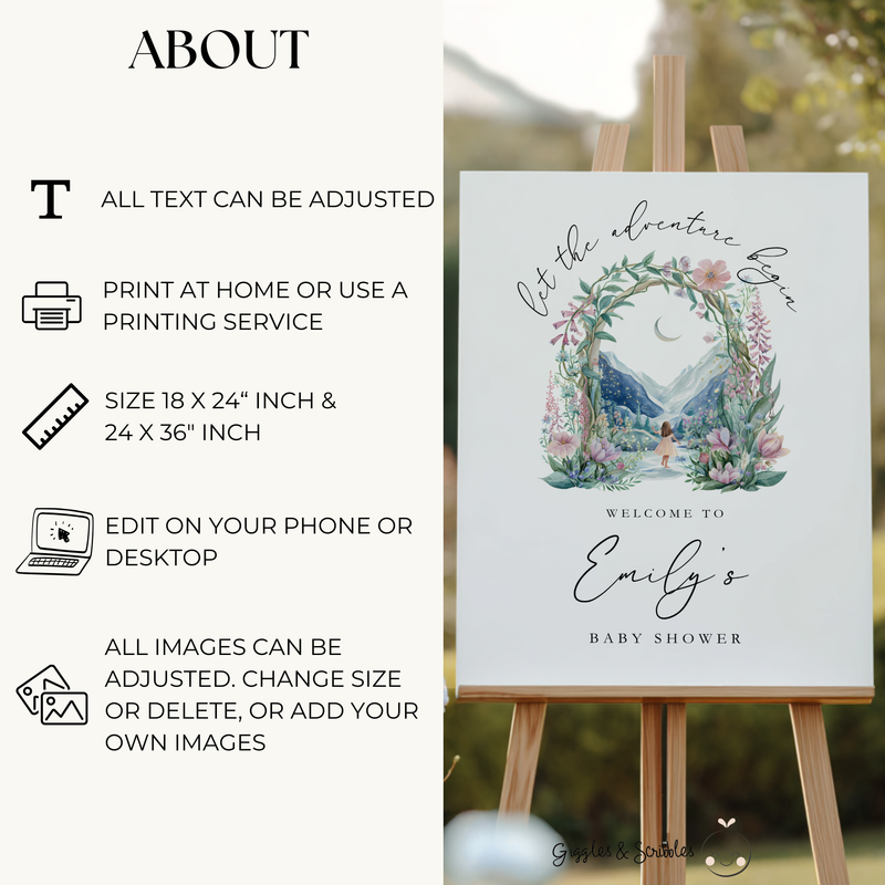 Let The Adventure Begin Fantasy Baby Shower Welcome Sign Girl BS271